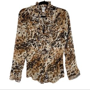 Vintage Y2K Leopard Mesh Ruffle Neck Collar Top Boho Animal Preppy